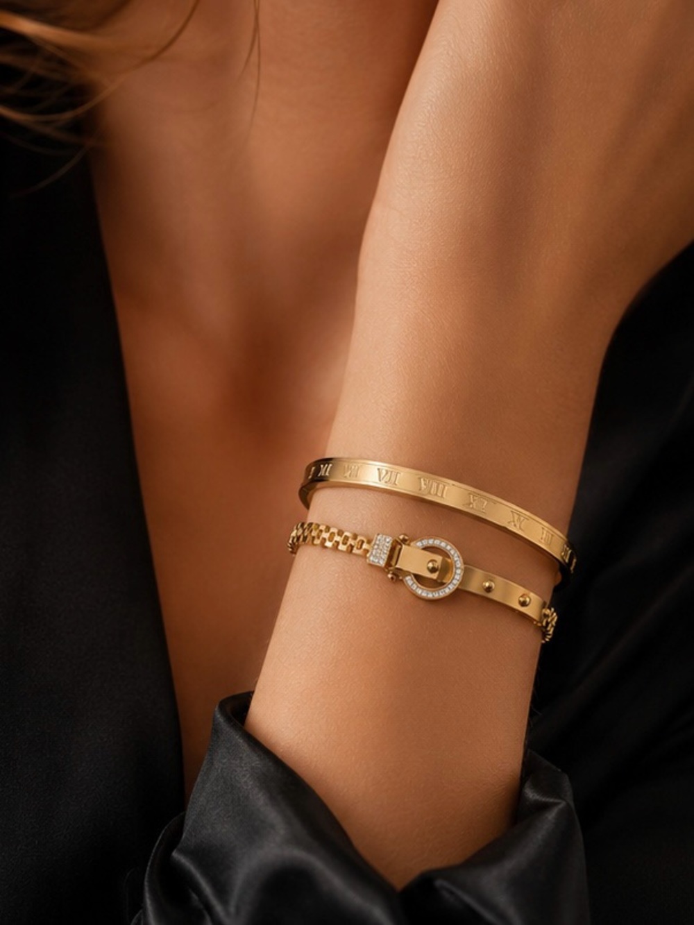 Gold-Tone Roman Numeral & Crystal Circle Bracelet Set